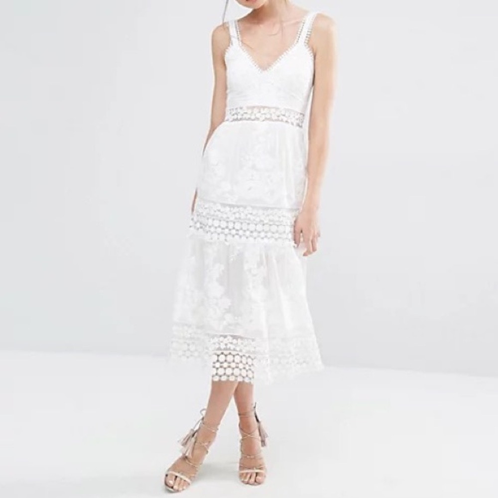 Self Portrait White Plunge Neck Prairie Dress With Organza Slip Detail